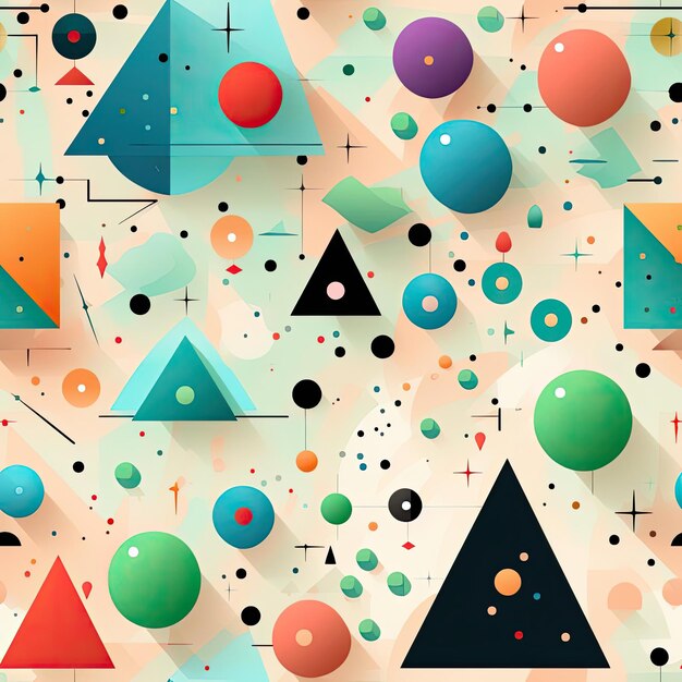 Padrão abstrato com formas geométricas e pontos coloridos em azulejos