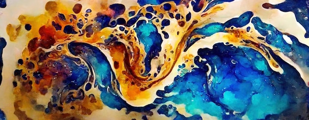 Padrão abstrato em ouro e azul no estilo de tinta de álcool