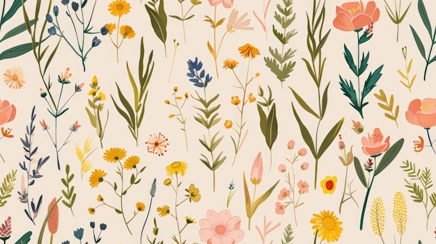 Padrão botânico sem costuras com flores silvestres e ervas em tons naturais de terra