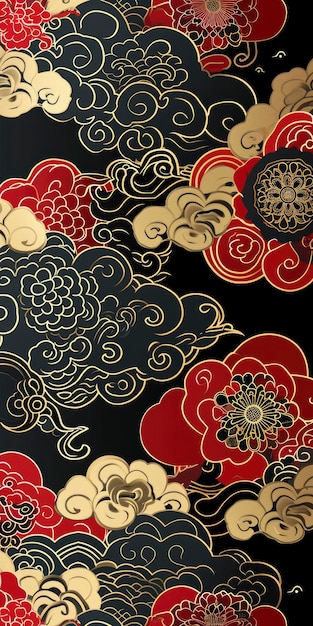 Padrão chinês de nuvens auspiciosas com temas vermelhos e dourados
