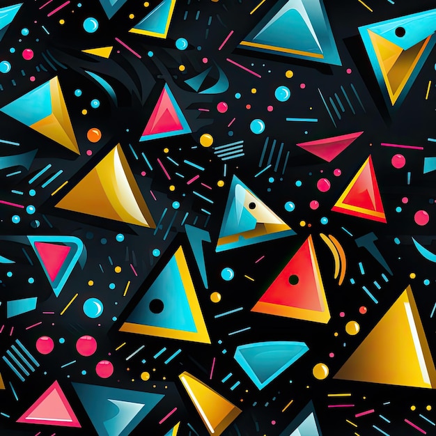 Padrão colorido de triângulos e formas inspirado no design de Memphis azulejos