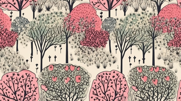 padrão com árvores com flores rosa