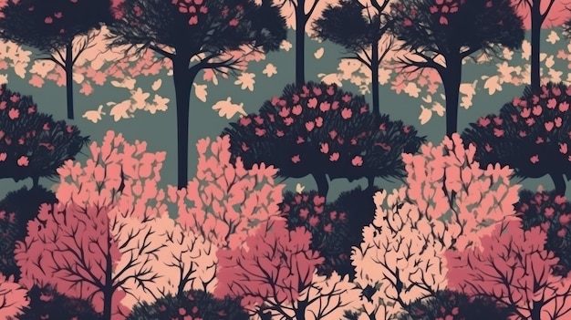 padrão com árvores com flores rosa