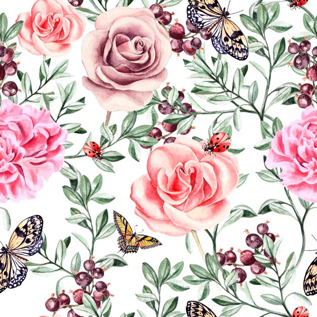 Padrão com borboletas e plantas de peônias rosa realistas em aquarela