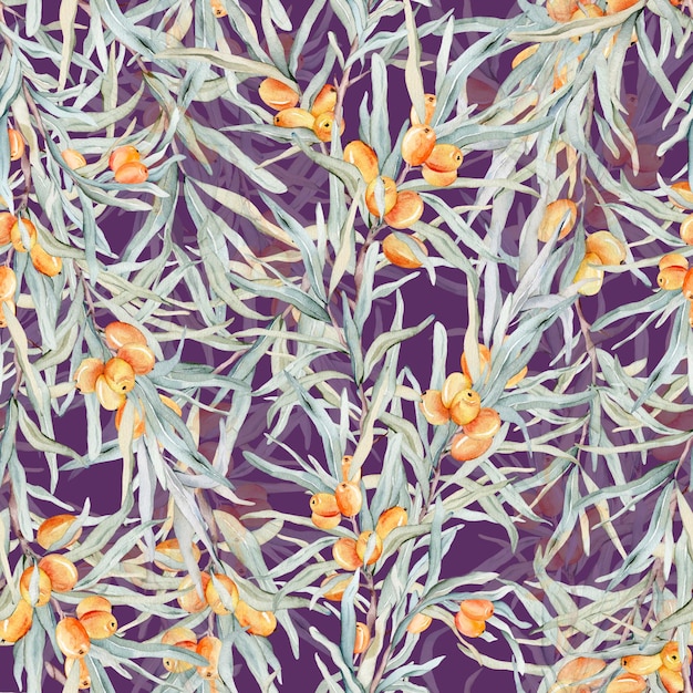 Foto padrão com espinheiro de mar laranja espinhão de mar para uma vida saudável e fundo de design pintado à mão padrão natural botânico sem costura uma ilustração para cartões postais design têxtil