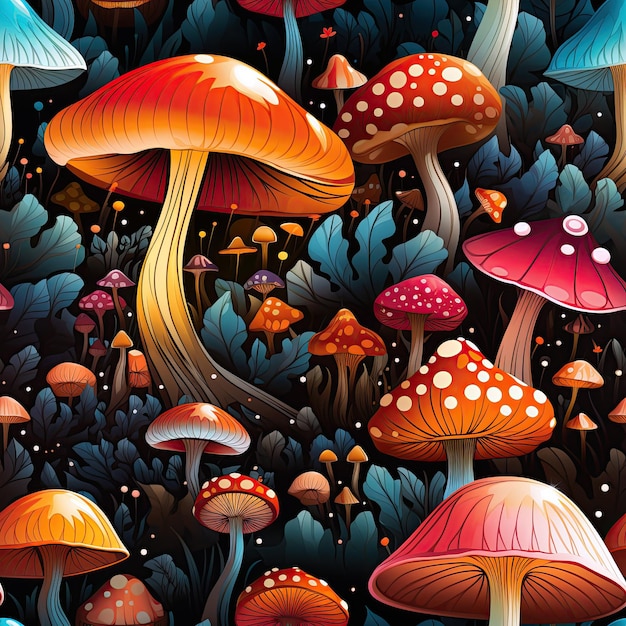 padrão contínuo com cogumelos venenosos alucinógenos voar agarics amanita toadstool em um fundo psicodélico multicolorido na floresta de conto de fadas