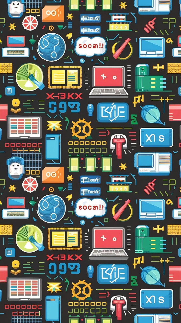 Foto padrão contínuo com conceito de linguagens de programação de computador ou desenvolvimento de software de desenho animado