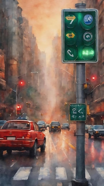 Foto padrão contínuo de aquarela com carros, sinais de trânsito, mapas e semáforos