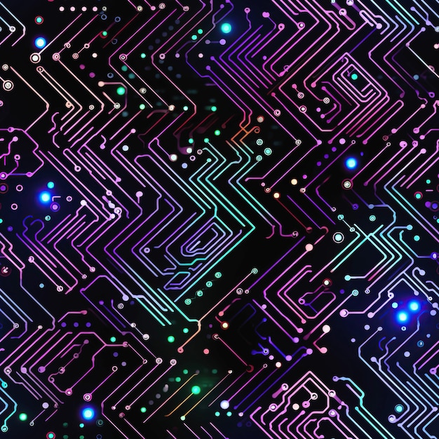 padrão contínuo de um circuito de microchip com tecnologias eletrônicas digitais para a placa-mãe e o processador no computador em um fundo roxo neon escuro