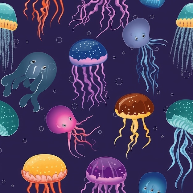 Padrão de água-viva colorida de desenho animado Impressão perfeita com diferentes formas e cores de criaturas subaquáticas fofas Personagens aquáticos brilhantes com bolhas