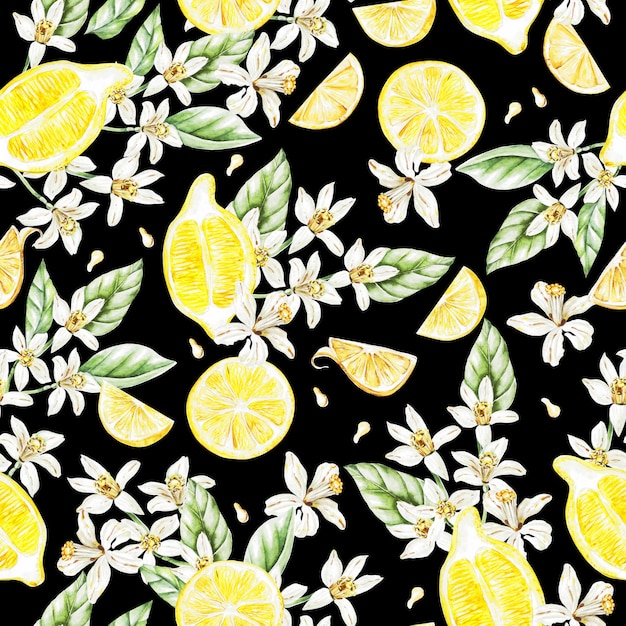 Padrão de aquarela colorido com limão frutas e flores. ilustrações.