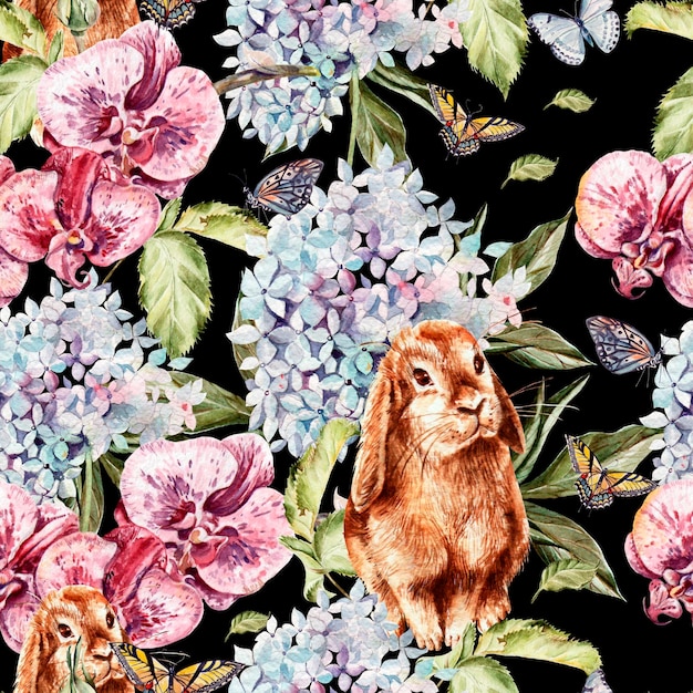 Padrão de aquarela com lindas flores borboletas e coelhos