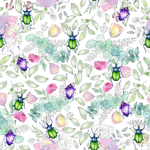 Padrão de aquarela desenhado à mão de borboletas realistas coloridas brilhantes e flores Arte de mídia mista
