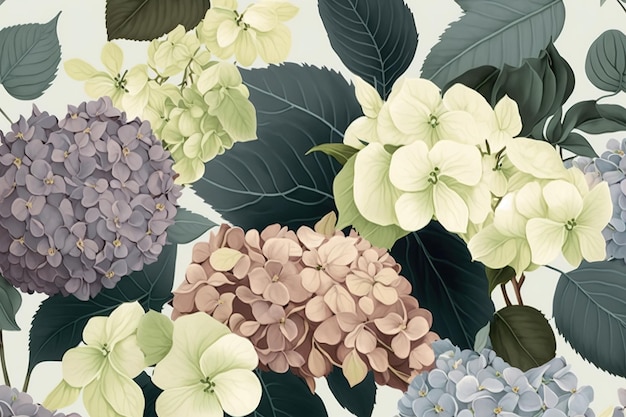 Padrão de aquarela floral delicado em flores de hortênsia de fundo claro e folhas verdes estilo boho de cores suaves em estilo de casamento vintage floral de fundo claro espaço para texto Generative AI