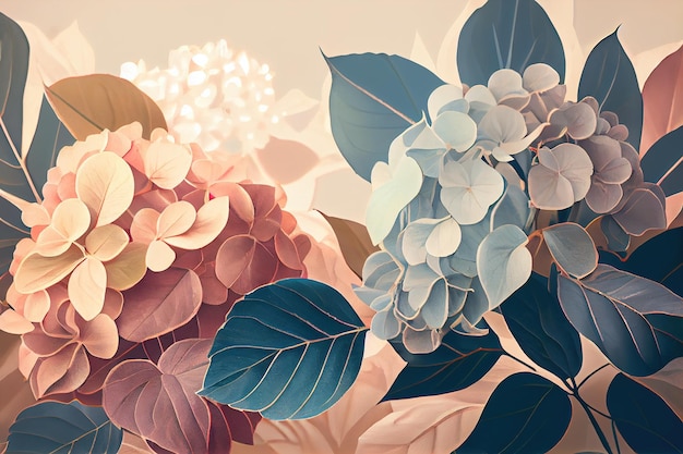 Padrão de aquarela floral delicado para têxteis e fundos flores de hortênsia aquarela e folhas verdes estilo boho de cores suaves em fundo claro estilo de casamento vintage floral Generative AI