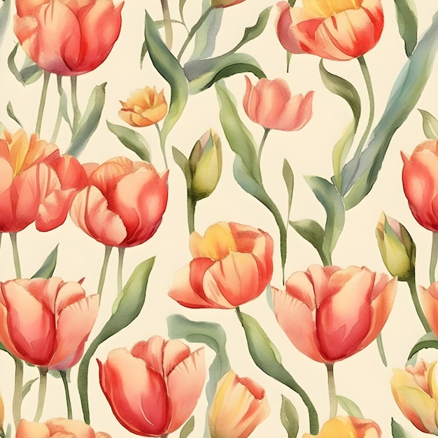 Padrão de aquarela sem costura com flores de tulipa Fundo de ilustração floral IA gerada