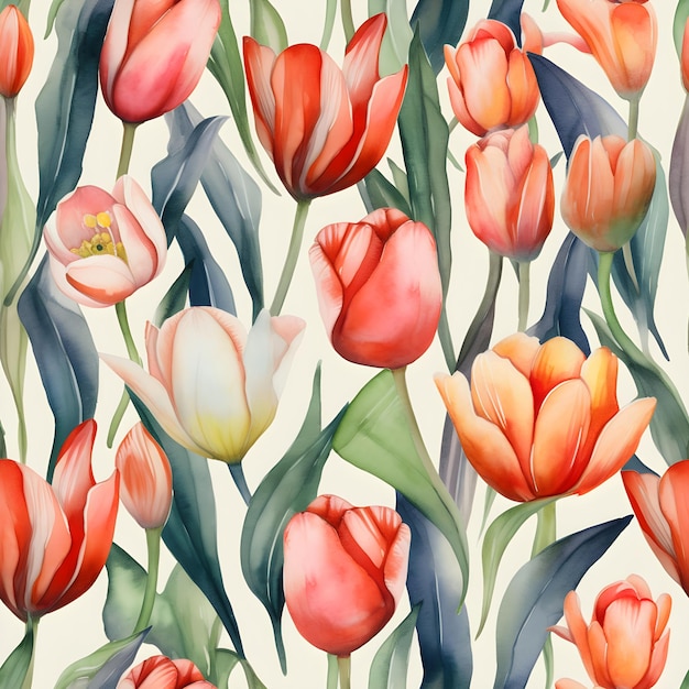 Padrão de aquarela sem costura com fundo de ilustração floral de tulipas IA gerada