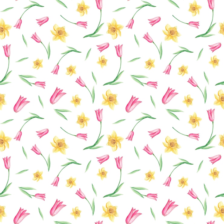 Foto padrão de aquarela sem costura com narciso e tulipas em fundo branco pode ser usado para tecido