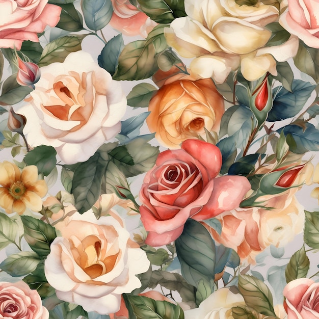 Padrão de aquarela sem costura com rosas delicadas Fundo de ilustração floral IA gerada