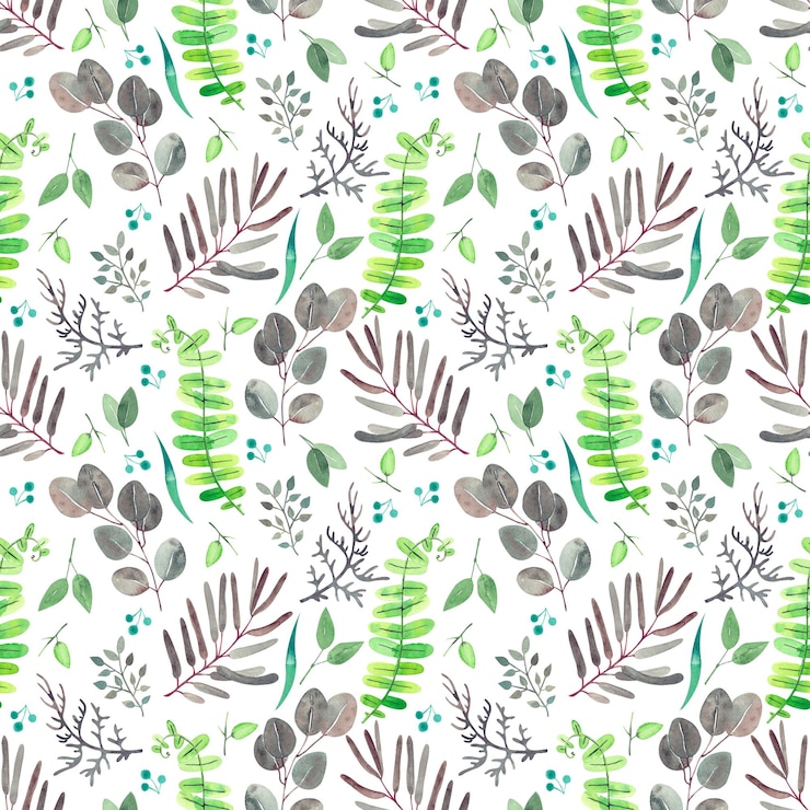 Foto padrão de aquarela sem costura sobre um fundo claro com uma imagem de folhas verdes e cinzentas