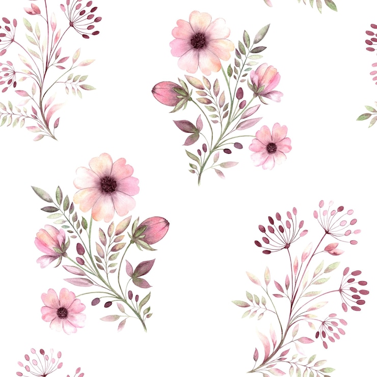 Foto padrão de aquarela sem costuras com graciosas flores silvestres e folhas em delicados tons de rosa e bordeaux