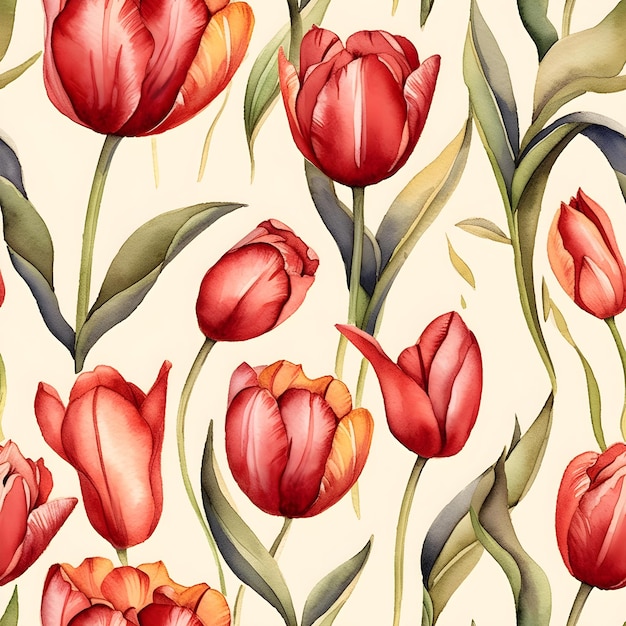 Padrão de aquarela vintage sem costura com flores de tulipa Fundo de ilustração floral IA gerada