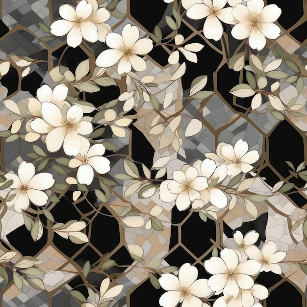 Padrão de azulejo sem costura com flores em um fundo preto