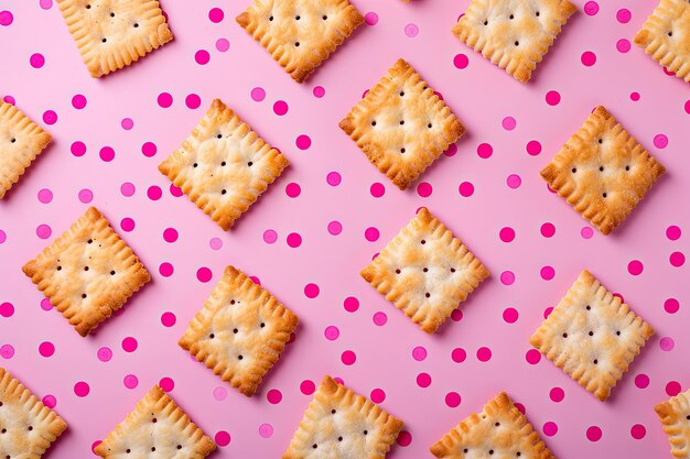 Padrão de biscoitos colocados em plano contra um fundo de pontos rosados