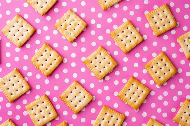 Padrão de biscoitos colocados em plano contra um fundo de pontos rosados