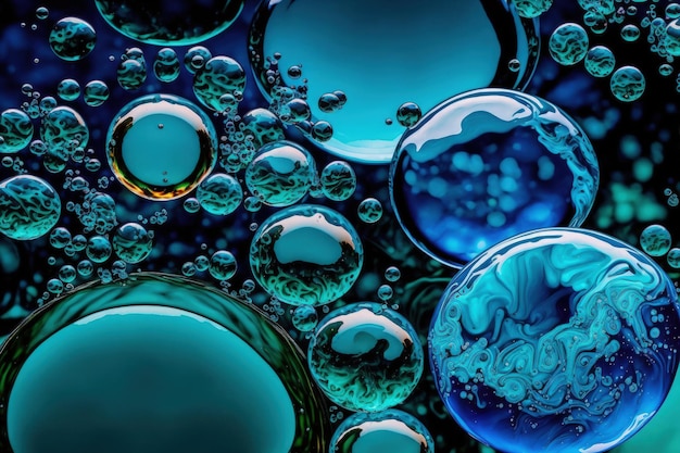 Padrão de bolinhas de gude líquidas em um pano de fundo abstrato azul