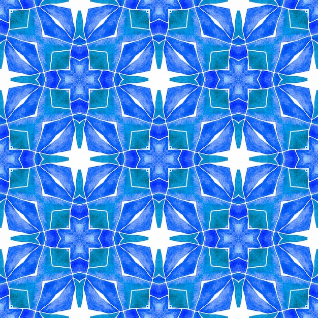 Padrão de borda étnica de verão em aquarela Azul esplêndido design boho chique de verão Têxtil pronto para impressão em negrito tecido de banho papel de parede embrulho Padrão étnico pintado à mão