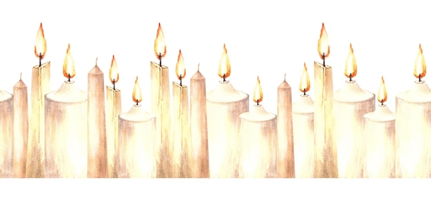 Foto padrão de borda sem costura em aquarela de velas de cera bege brancas em chamas com vela desenhada à mão
