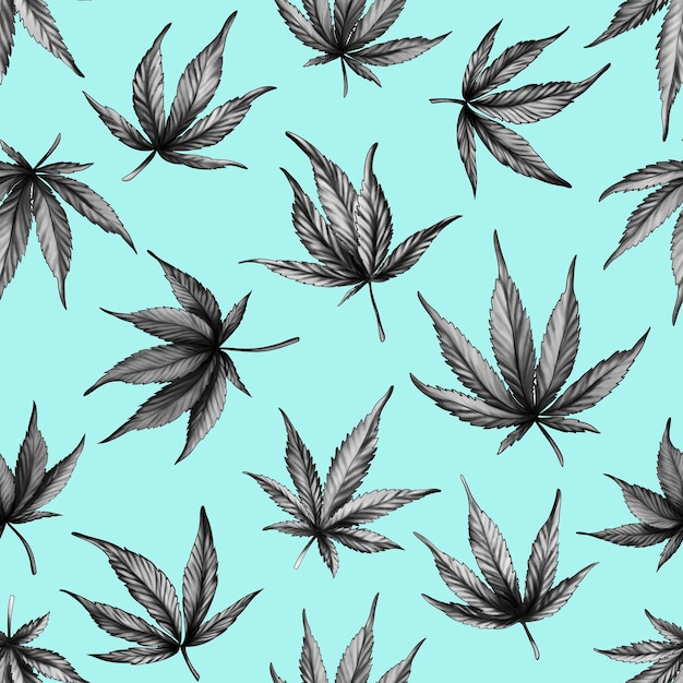 Padrão de cannabis sem costura desenhado à mão sobre um fundo azul. folhas de cânhamo preto e branco sobre um fundo azul. ilustração botânica da cannabis