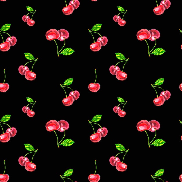 Foto padrão de cereja em um fundo preto cereja madura ilustração em aquarela pacote têxtil de pano
