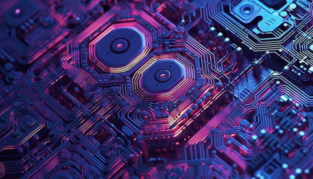 Padrão de chip de computador futurista brilha dentro de uma linha de placa de circuito complexa gerada por inteligência artificial