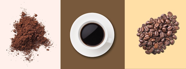 Padrão de conceito de uma xícara de café preto, grãos de café e café instantâneo em fundos pastel. vista do topo. orientação horizontal