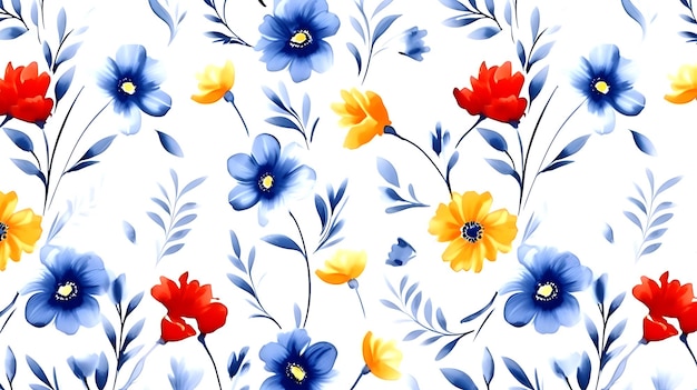padrão de cor de água floral amarelo vermelho azul sem costura com folhas em fundo branco