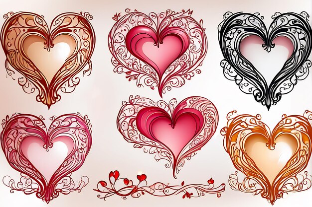 padrão de coração desenhado à mão desenho de coração conjunto de design de coração adesivos ornamentos