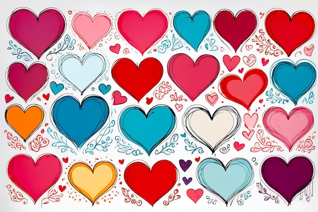 Foto padrão de coração desenhado à mão desenho de coração conjunto de design de coração adesivos ornamentos