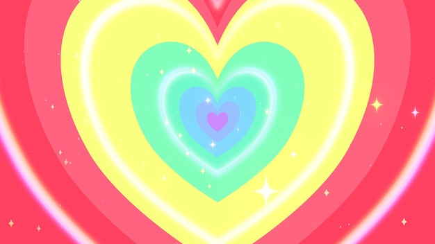 Padrão de corações de arco-íris de desenho animado com fundo de brilhos brilhantes