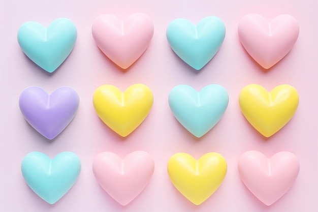 Padrão de corações de plástico pastel colorido em fundo pastel plano