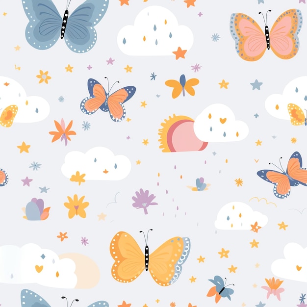 Foto padrão de creche sem costuras para meninas com borboletas e arco-íris