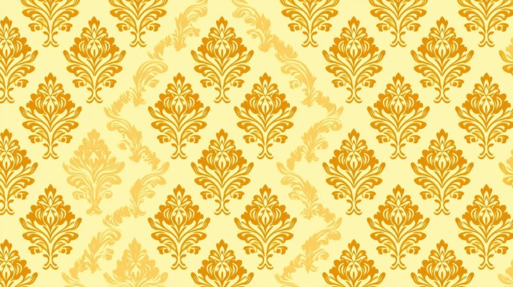 Foto padrão de damasco dourado sem costuras em fundo amarelo