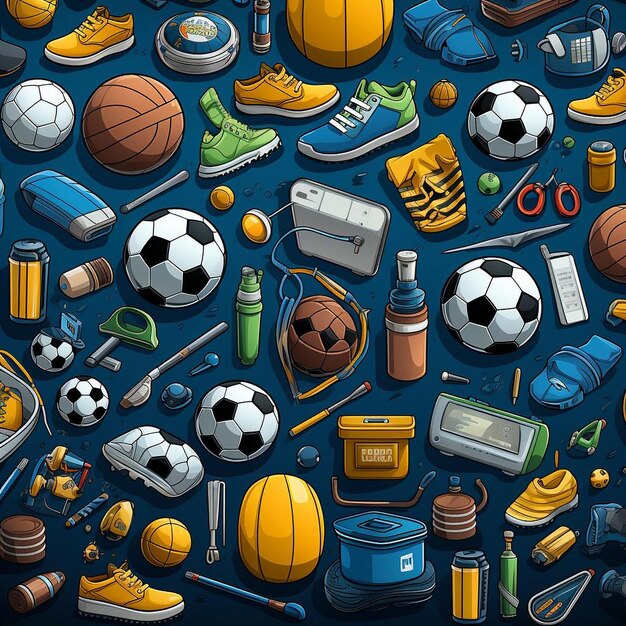 Foto padrão de desenho plano de equipamentos desportivos de futebol