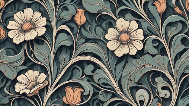 Padrão de design Art Nouveau com flores, folhas e videiras