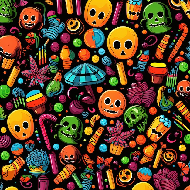 padrão de doces de halloween com bastões no estilo de lisa frank