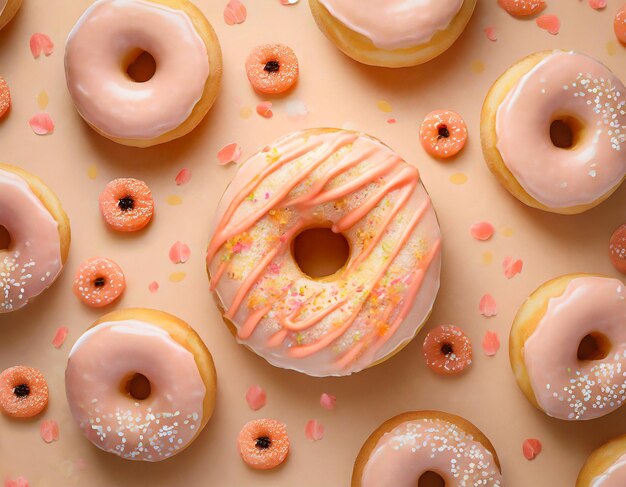 padrão de donut com esmalte de pêssego em um fundo plano de pêssegos pastel