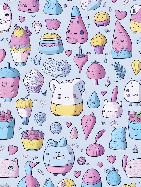 Padrão de doodle fofo e colorido de objetos kawaii ai generative