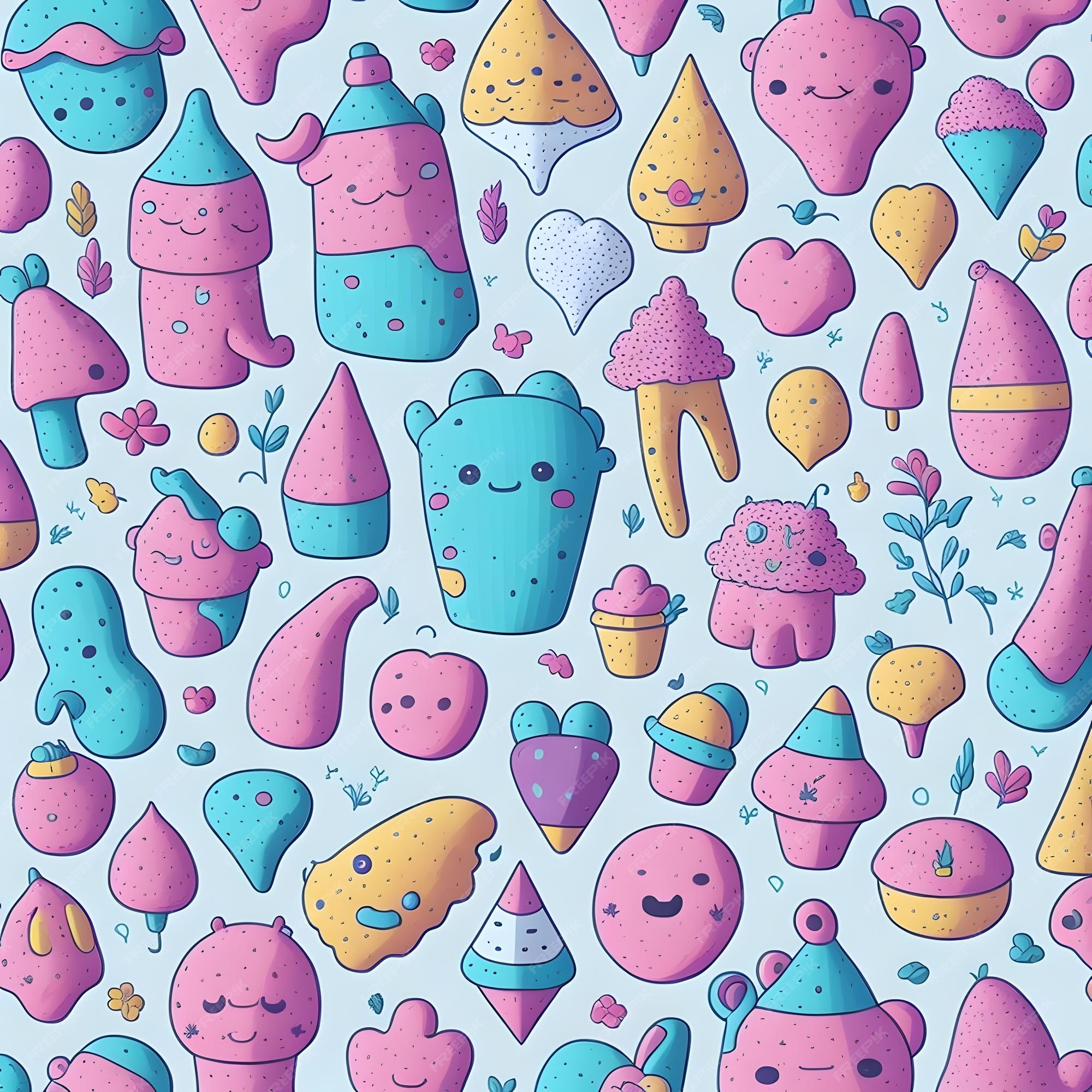 Padrão de doodle fofo e colorido de objetos kawaii ai generative