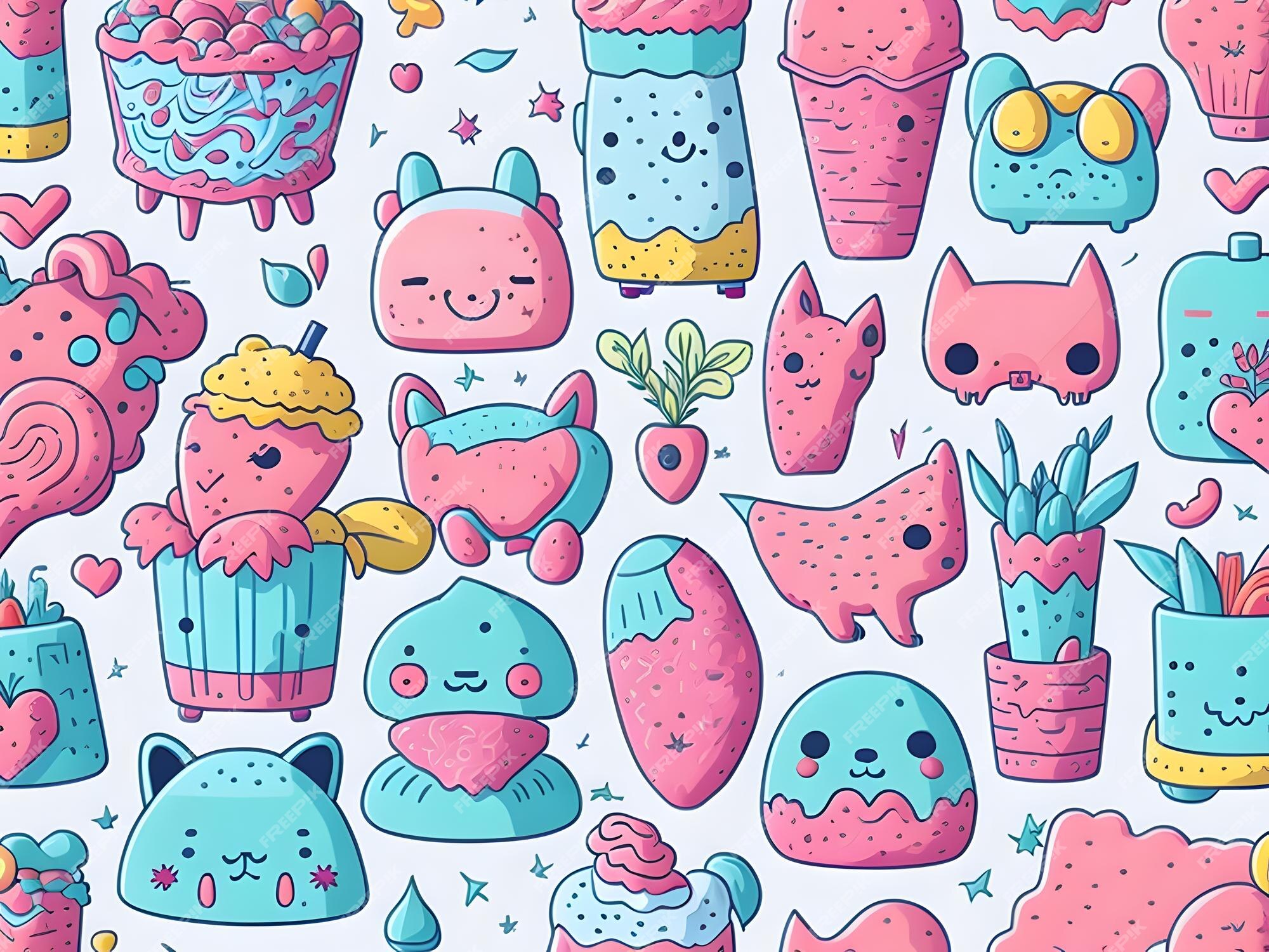 Padrão de doodle fofo e colorido de objetos kawaii ai generative